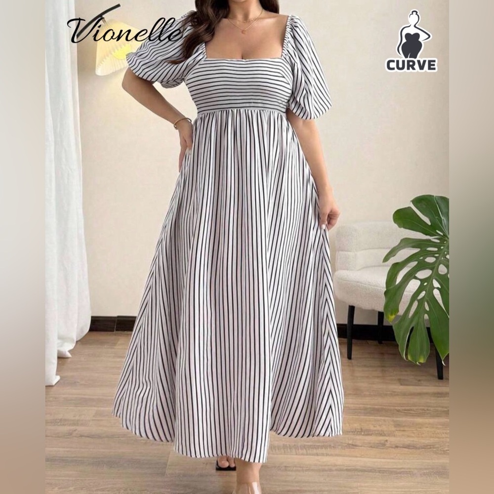 SHEIN Black and White Striped Bubble Sleeve Midi Dress